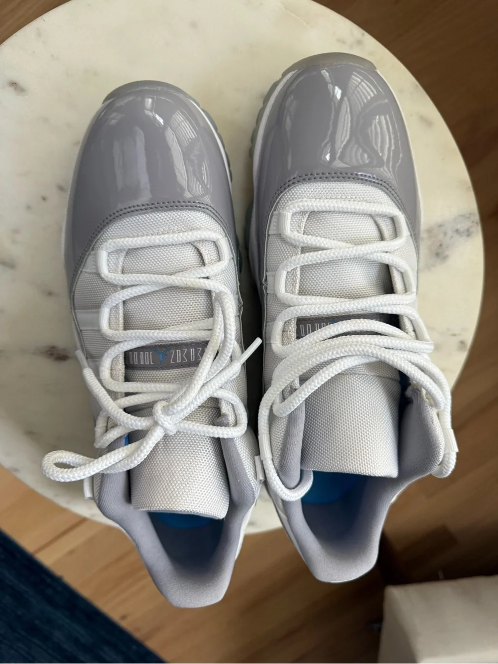 Jordan Men’s Low Top Athletic Shoes in White and Gray Patent